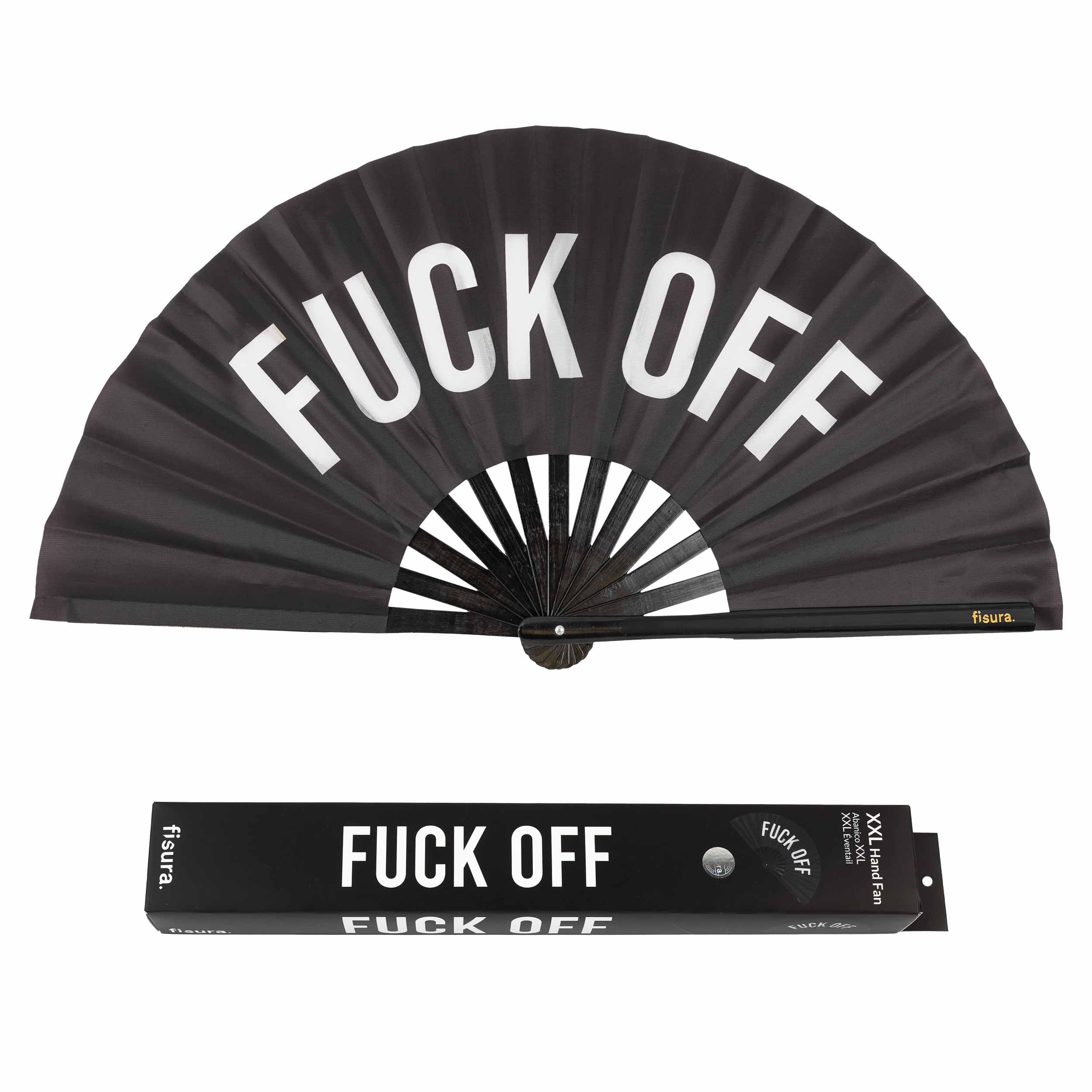 Fisura – Large Handheld Folding Fan. Original Fan with Large Message. XXL Fan for Festivals and Parties. Foldable Bamboo Fan. Dimensions: 25.2 x 13 inches. (Off, Black)