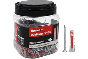 Fischer Propack Duopower 572886 8x40 120 x Reusable Dowels with Screw in Jar for Fixing on Concrete, Masonry and Drywall