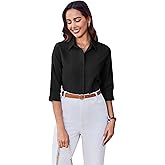 HOTOUCH Women Button Up Shirts 3/4 Sleeve Basic Business Dress Shirt Slim Fitted Classic V Neck Button Up Work Blouse Tops XXXL Black