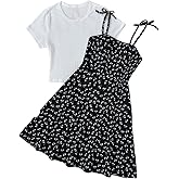RoseSeek Girl's 2 Piece Cute Summer Outfits Ribbed Knit Crop Tops and Floral A Line Cami Sundresses Set