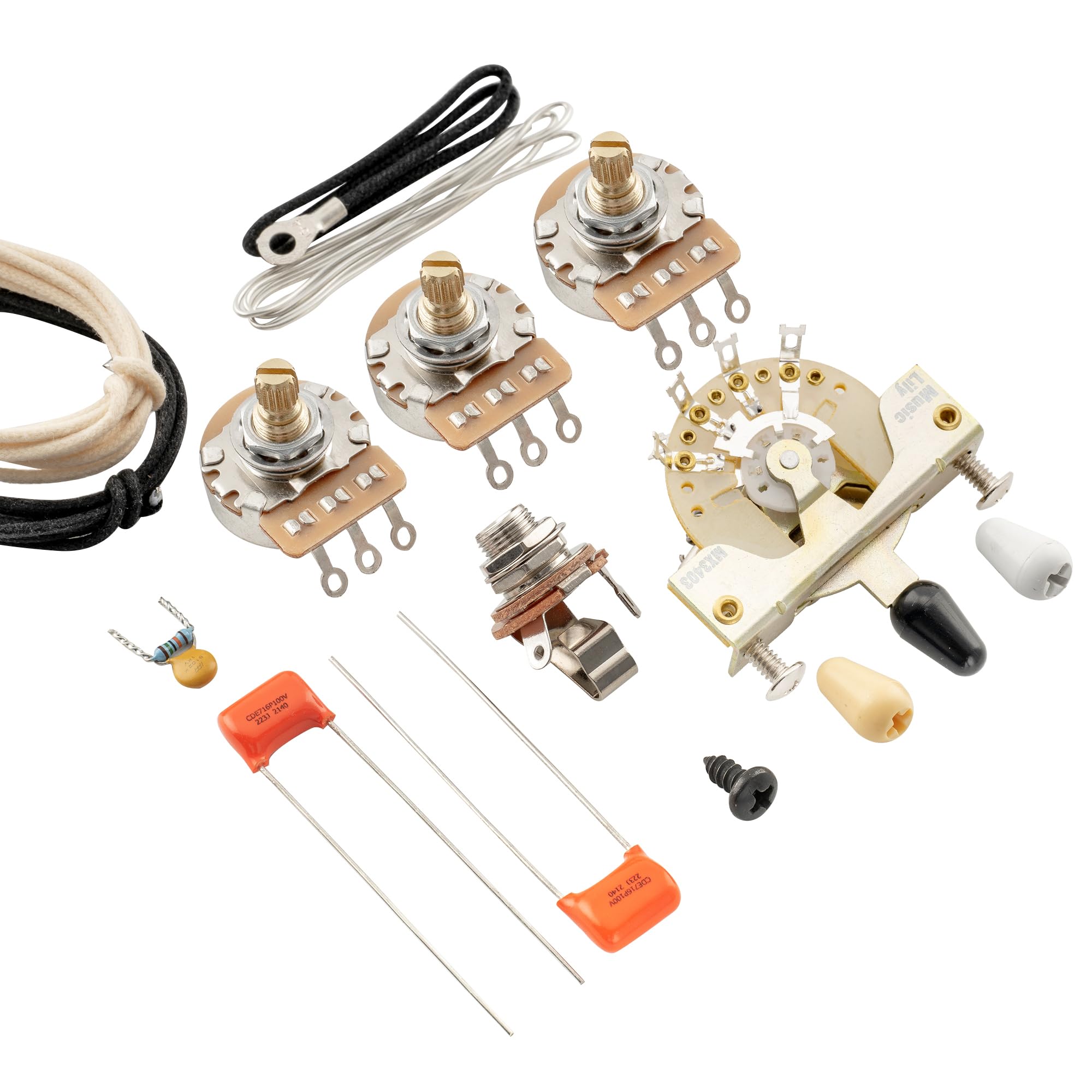 Musiclily Pro Electric Guitar Auto-Split DIY Wiring Kit for American Style Strat HSS with 5-Way Switch and A250K Pots, Nickel Jack