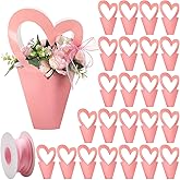Tenceur 24 Pcs Valentines Day Flower Bouquet Holder with Heart Shaped Handle Flower Bag Floral Bags with 1 Roll Pink Ribbon Paper Bouquet Sleeves for Wedding Florist Shop Valentines Decor