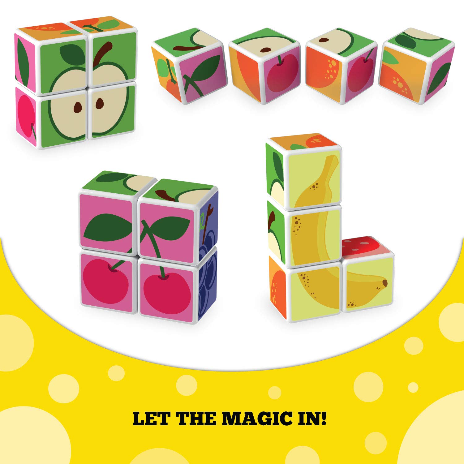 Geomag MagiCube Fruit 4-Piece Magnetic Cubes Building Set, Toddlers & Kids Ages 1.5+, STEM-Endorsed Educational Toy, Swiss-Made, Creativity & Early Learning Fun, 6 Adorable Building Ideas