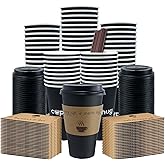 cuphug 100 Pack 16 oz Black Coffee Cups with Lids, To Go Paper Cups with Sleeves and Stirring Sticks, Insulated Disposable Coffee Cups for Hot/Cold Drinks and Daily Use