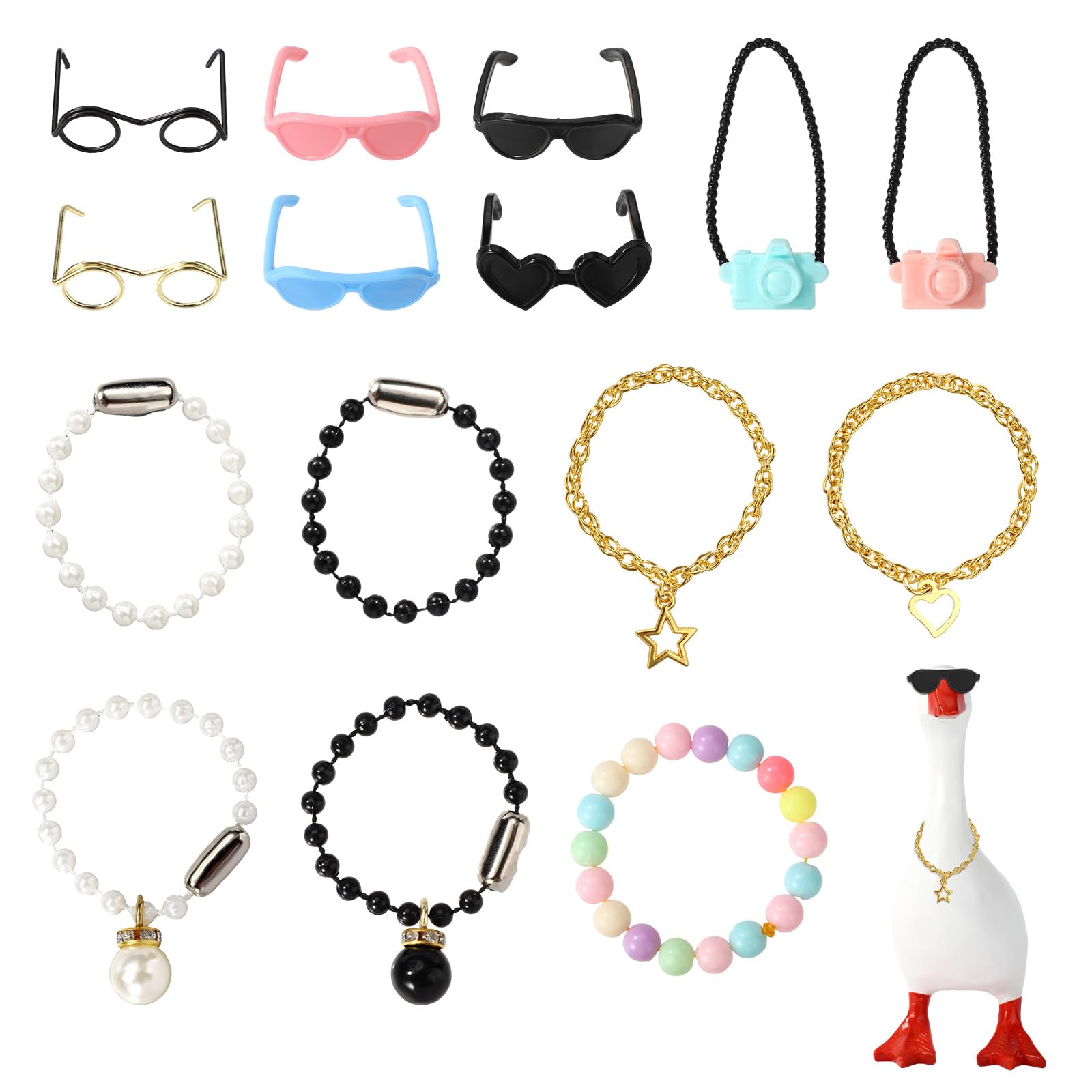 Photo 1 of ***NO DUCK*** Lyreh 15pcs 7in Desk Goose Outfits, Mini Porch Goose Accessories with Sunglasses Camera Pendant Necklaces Collar Heart Star Gold Chain Fun Clothes Costume Set for Magnetic Table Geese Statue Decor