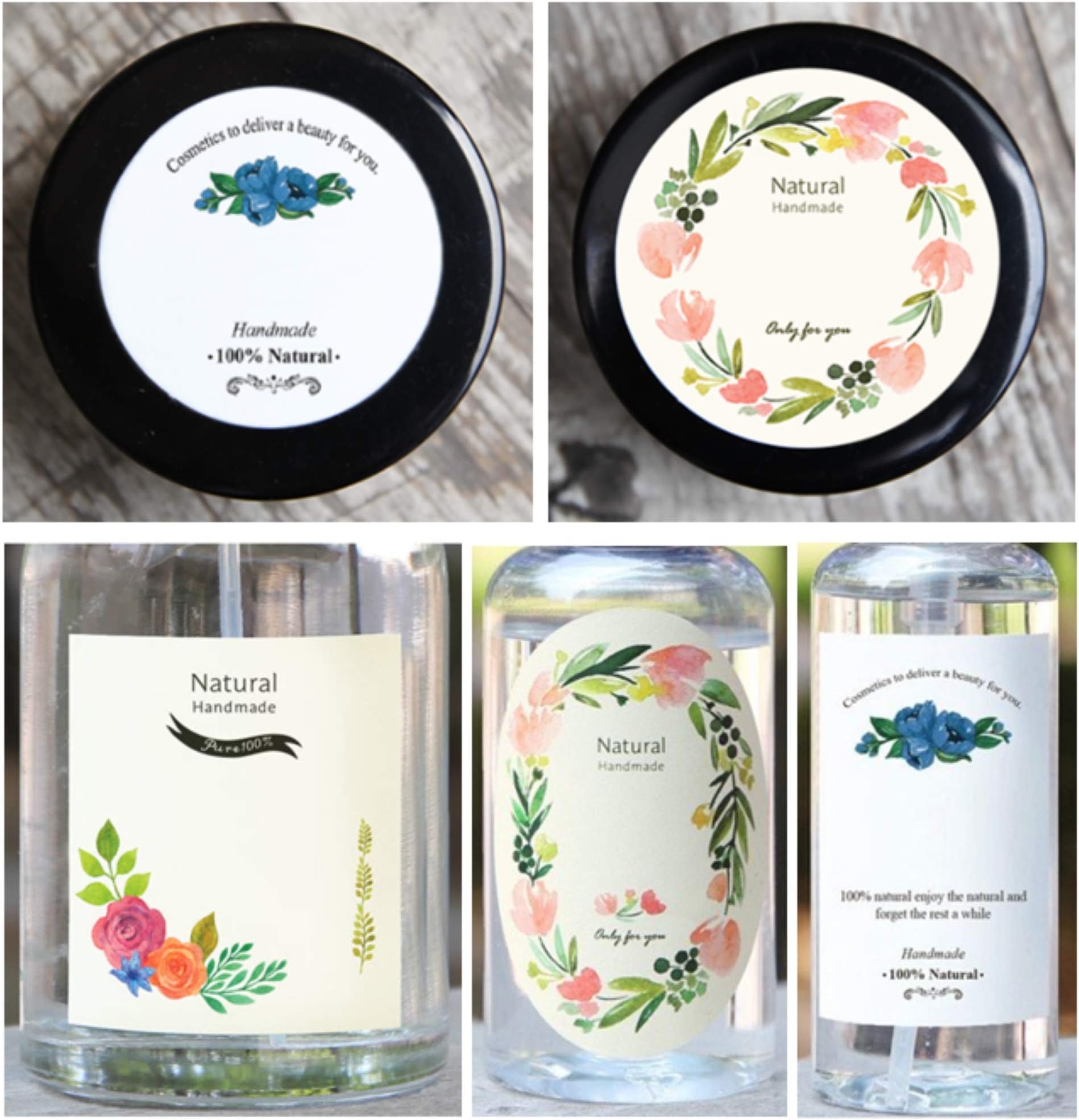 Floral Design Labels Writable(Small Size), 5 Kinds of Floral Design, 10 per Each, Total 50 Sheets, for Glass Jars, Plastic Bottle, Multi Purpose Containers (Floral 5 Types-Small)