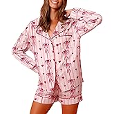 Bocymolay Women Bow Heart Print Pajamas Set Silk Satin Shirt Shorts 2 Piece Pjs Set Valentines Loungewear