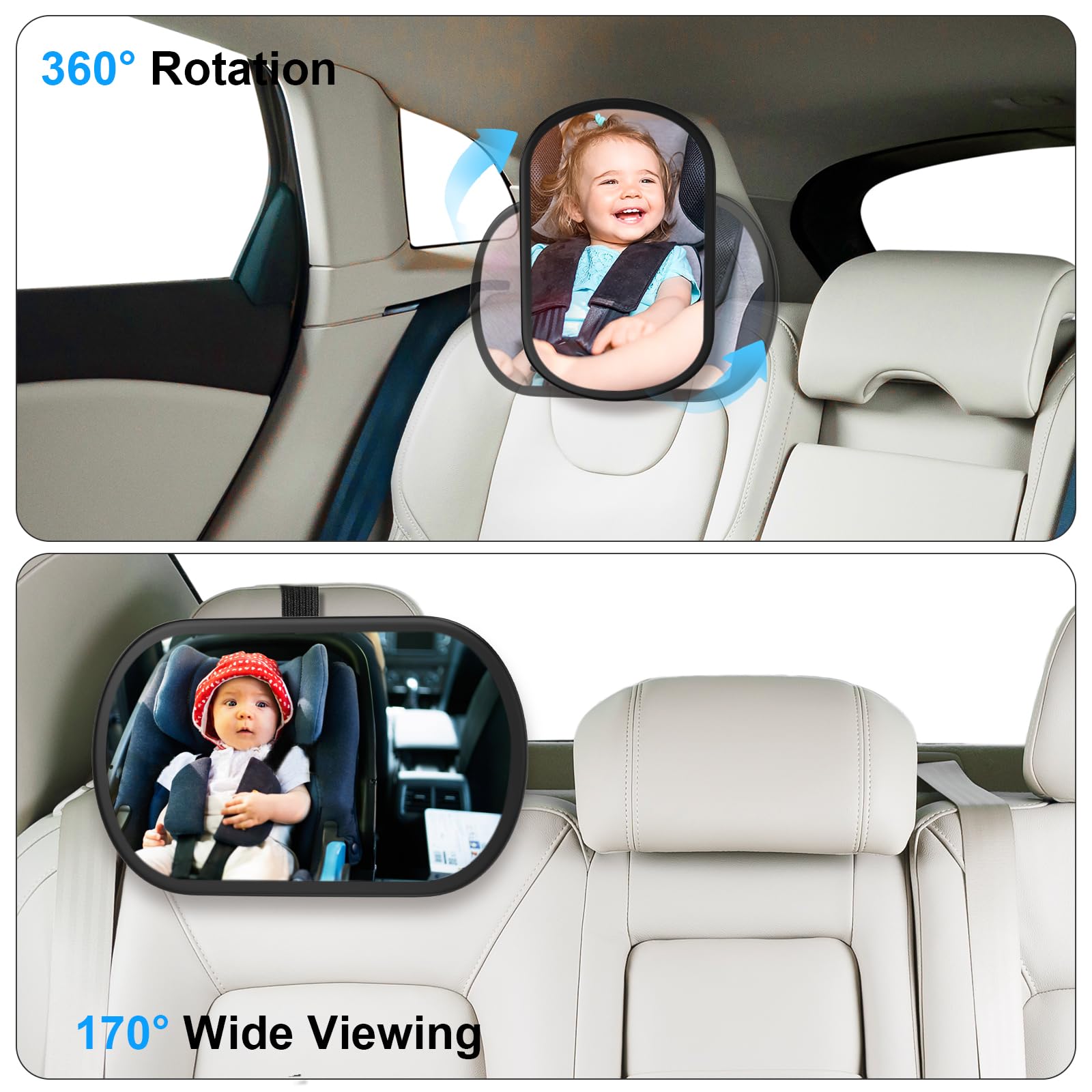 Baby Car Mirror, Safety Car Seat Mirror for Rear Facing Infant, Clear Wide View, 360°Rotation, Easily Observe the Baby Move, Secure, Shatterproof, Crash Tested and Certified (Black)