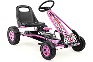 HONEY JOY Go Kart for Kids, 4 Wheel Quad Off-Road Pedal On Foot Go Cart w/Steering Wheels & Adjustable Seat, 2 Safety Brakes, EVA Rubber Tires, Clutch, Outdoor Racer Ride On Pedal Car (Pink)