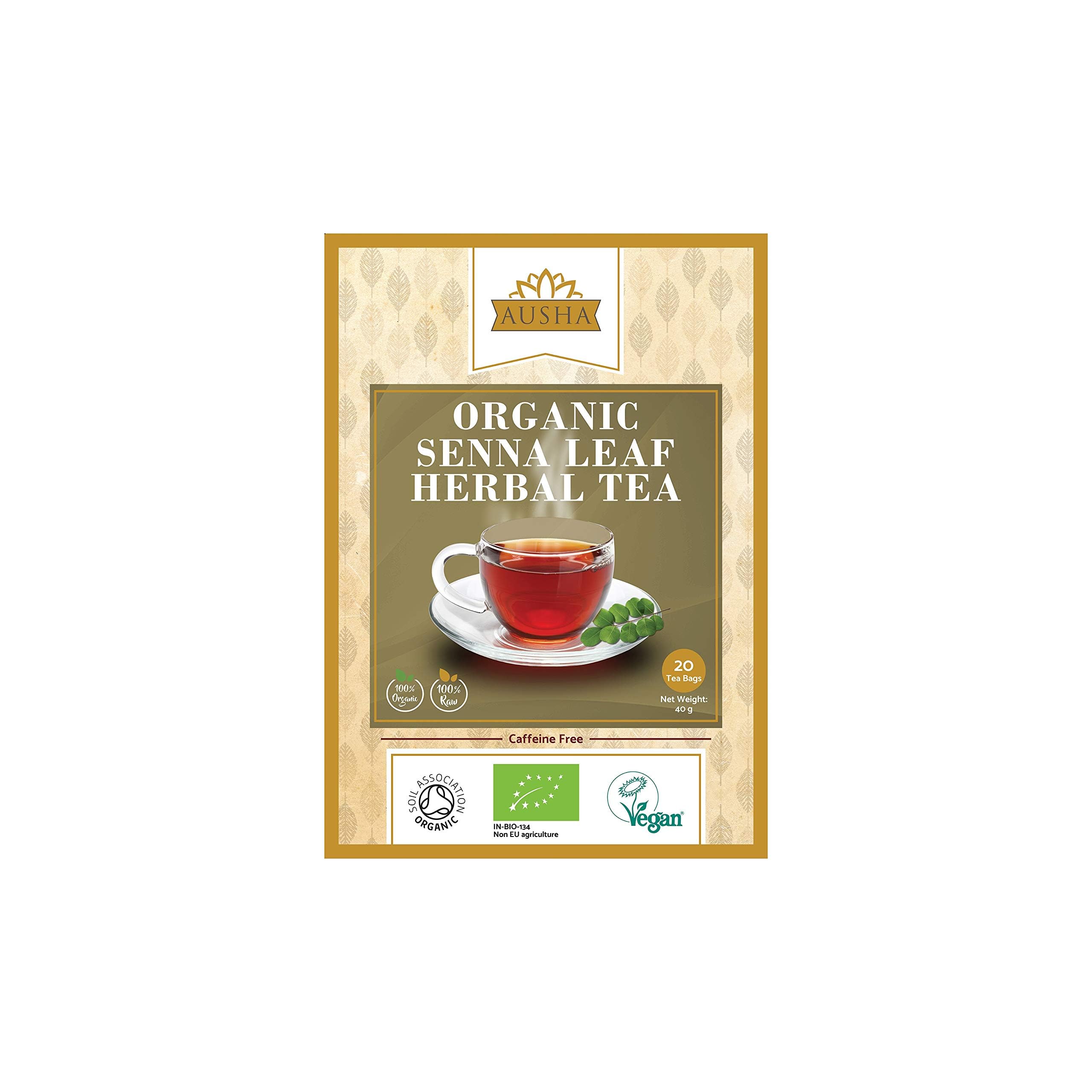 Ausha Organic Senna Tea Bags - 40 Bags - Constipation Relief - UK Certified Organic by Soil Association - Laxative, Caffeine Free, Digestion, Cleansing, Detox