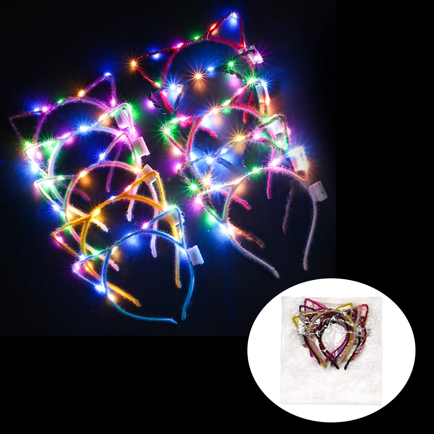 Kapmore LED Cat Ear Headband, 10 Pack Cute Light Up Cat Ear Headdress Hairbands Halloween Christmas Party Decorations Hair Accessories for Girls Adult
