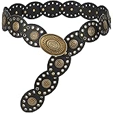LEACOOLKEY Hollow Western Disc Belt for Dress Boho Concho Belt Vintage Country Waist Belts for Women