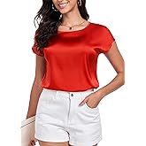 Wantschun Womens Silk Satin Shirt Casual Cap Short Sleeve Blouse Basic Round Neck Work Tops