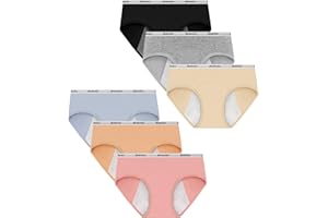 Bobelle Wear Period Underwear for Teens and Girls, Menstrual Cotton panties, Leak-Proof Protective Hipster Brief, 6 Pack