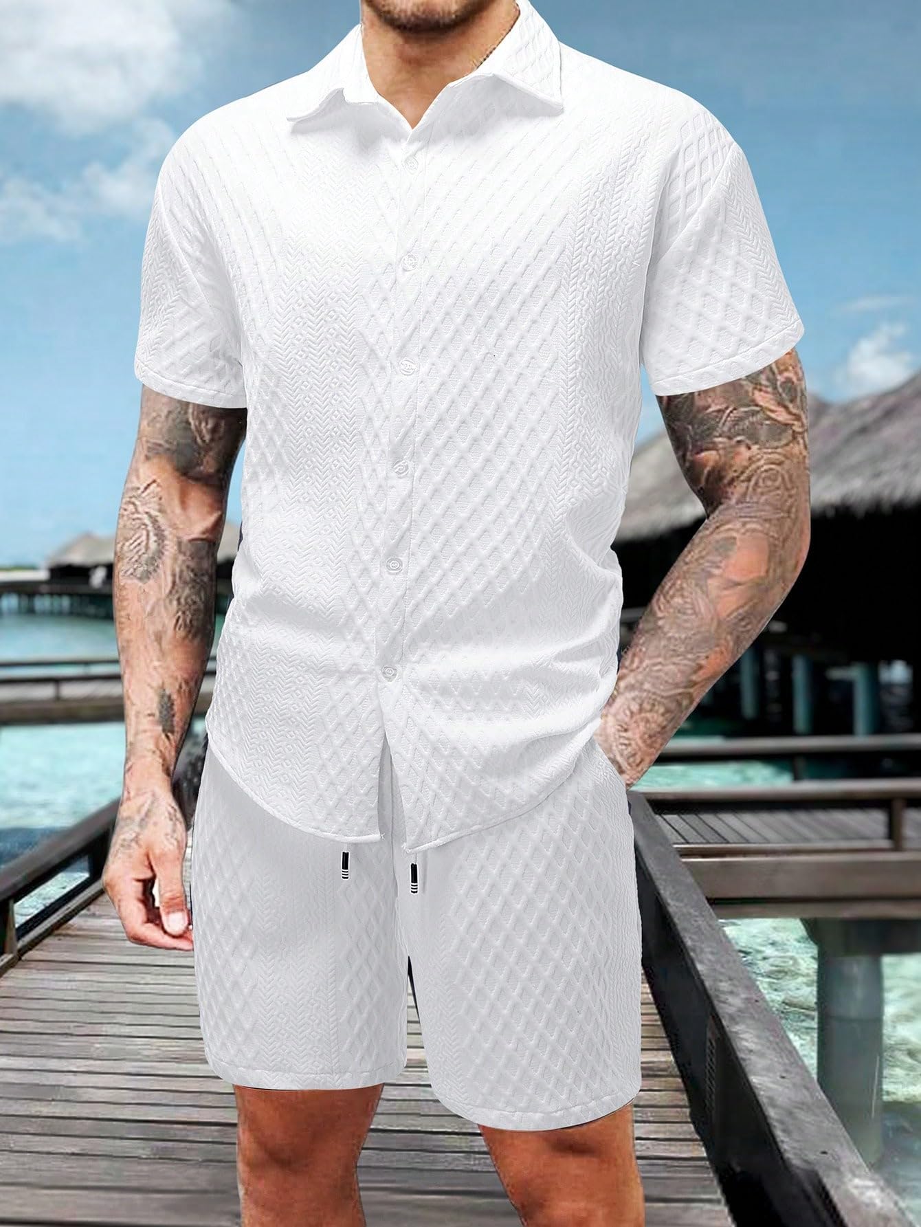 GORGLITTER Men's 2 Piece Outfits Waffle Knit Button Down Shirt Top and Shorts Set