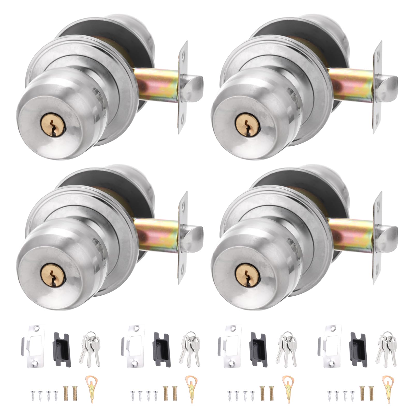 PATIKIL Key Entry Door Knobs Interior 60mm/2.4inch, 4 Pack Round Stainless Steel Bedroom Bathroom Door Knob with Copper Lock Entry Indoor Outdoor Door, Silver