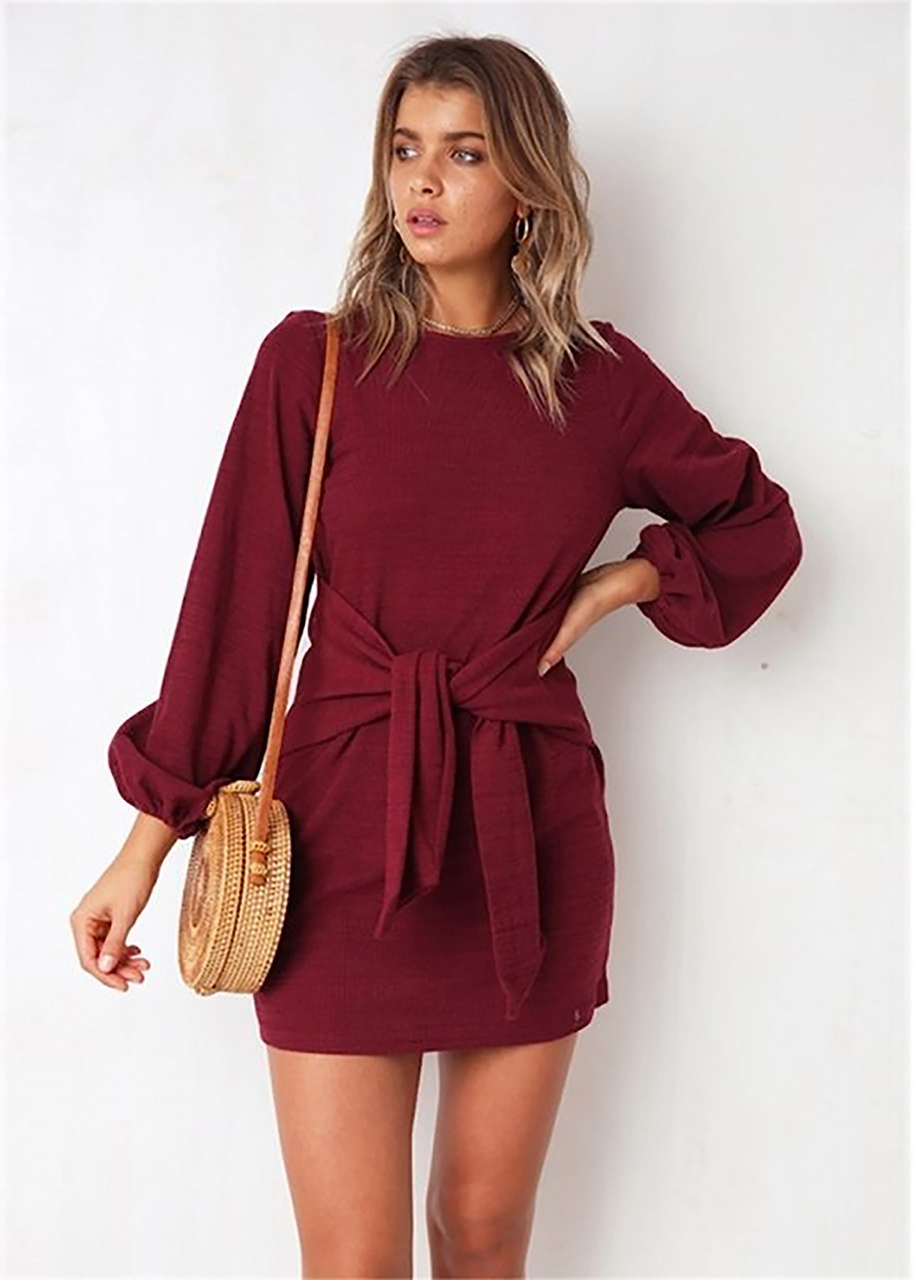 PRETTYGARDEN Womens Fall Elegant Long Lantern Sleeve Short Dress Wedding Guest Crewneck Tie Waist Knit Cocktail Dresses