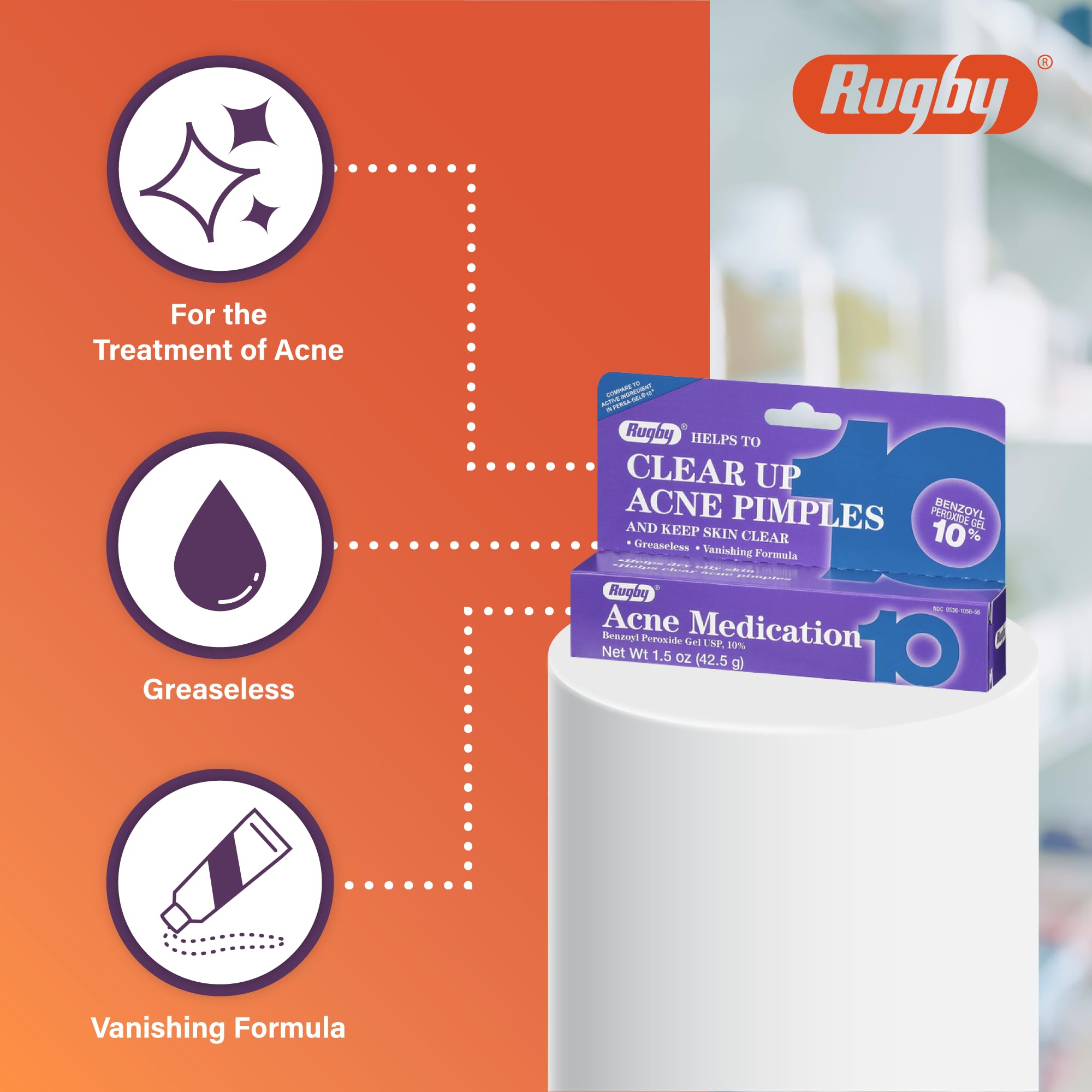 Rugby Acne Medication Benzoyl Peroxide Gel USP, 10% - Clear Up Acne Pimples - Greaseless, Vanishing Formula - 1.5 Oz (42.5g) - 3 Pack