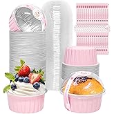 100 Pack 5oz Cupcake Pans with Dome Lids, Disposable Ramekin Cupcake Liners,Reusable Mini Muffin Case Dessert Containers for Birthday Wedding Party - Pink