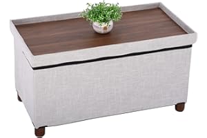 Ao Lei 30 Inches Storage Ottoman Bench, Storage Bench with Wooden Legs for Living Room Folding Ottoman Foot Rest Removeable Lid for Bedroom End of Bed, Linen Fabric