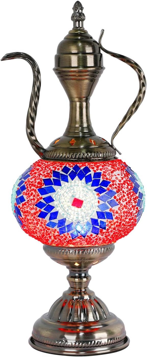 Turkish Mosaic Table Lamp Teapot Moroccan Mosaic Lantern Nightlight Decorative Tiffany Style for Bedroom Living Room Coffee (Red)