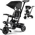 Kinder King Kids Tricycle, 6 in 1 Toddler Trike w/Adjustable Push Handle, Rotatable Seat, Adjustable Canopy, Safety Harness, Storage, Toddler Stroller Bike for 6 Months+,Black