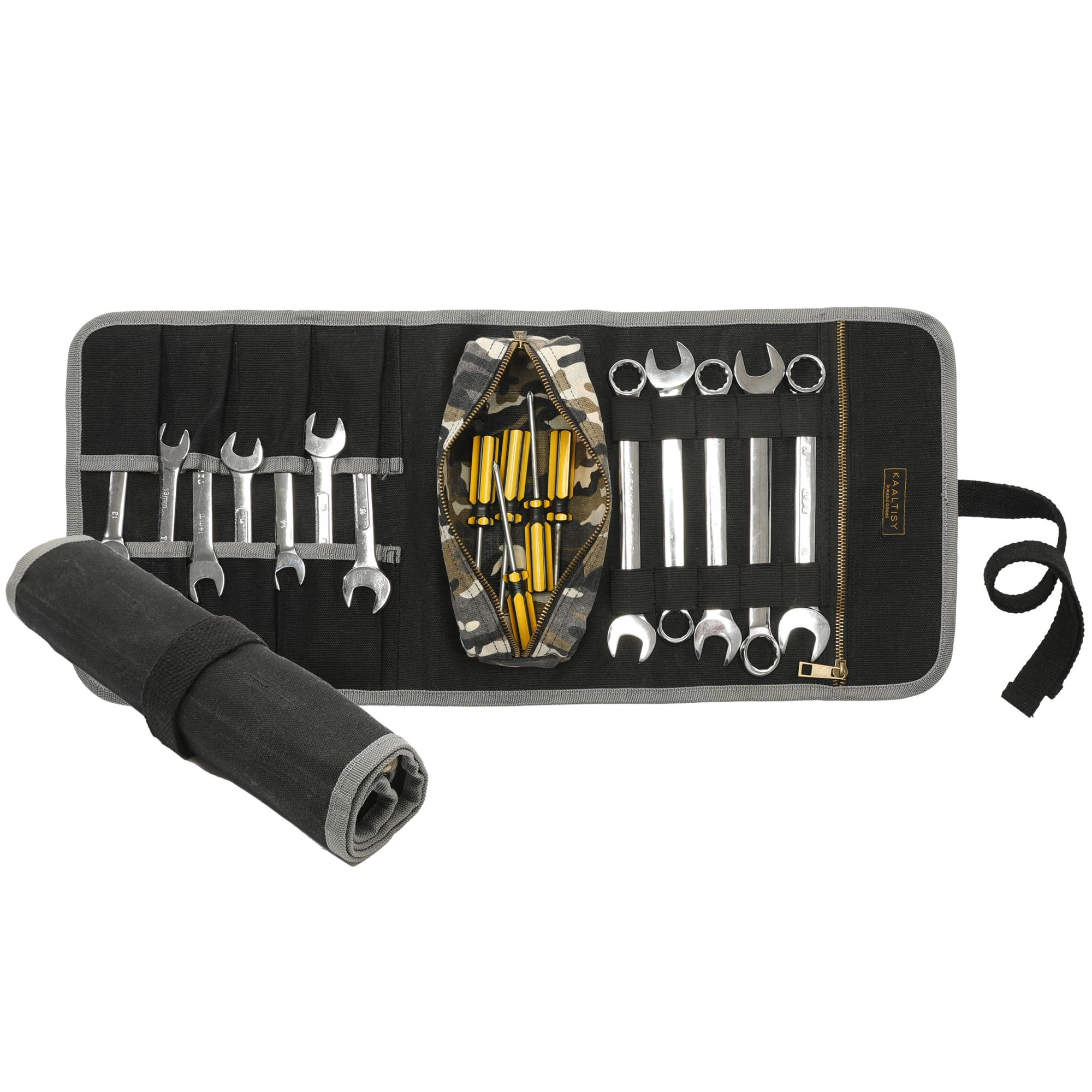 Tool Roll Pouch, Waxed Canvas Wrench Roll (60x25cm) - Heavy Duty Brass Zipper Pocket, Sturdy Tool Organizer for Mechanics & Truckers - Black