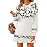 Youtalia Womens Knit Sweater Dress Fair Isle Lantern Sleeve Casual Crewneck Ribbed Pullover Sweaters Fall Winter Mini Dresses