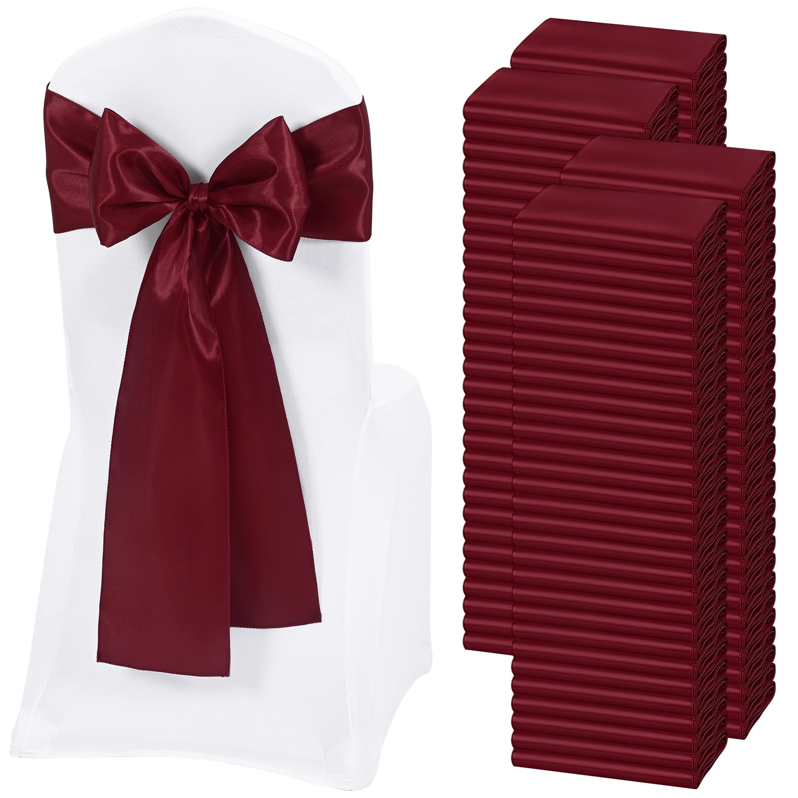Photo 1 of 120 PCS Burgundy Satin Chair Sashes, Ties Bows Designed Chairs Decorative, Chair Cover Sashes for Thanksgiving Wedding Christmas Banquet Party Home Kitchen Decoration (7 x 108 inch)