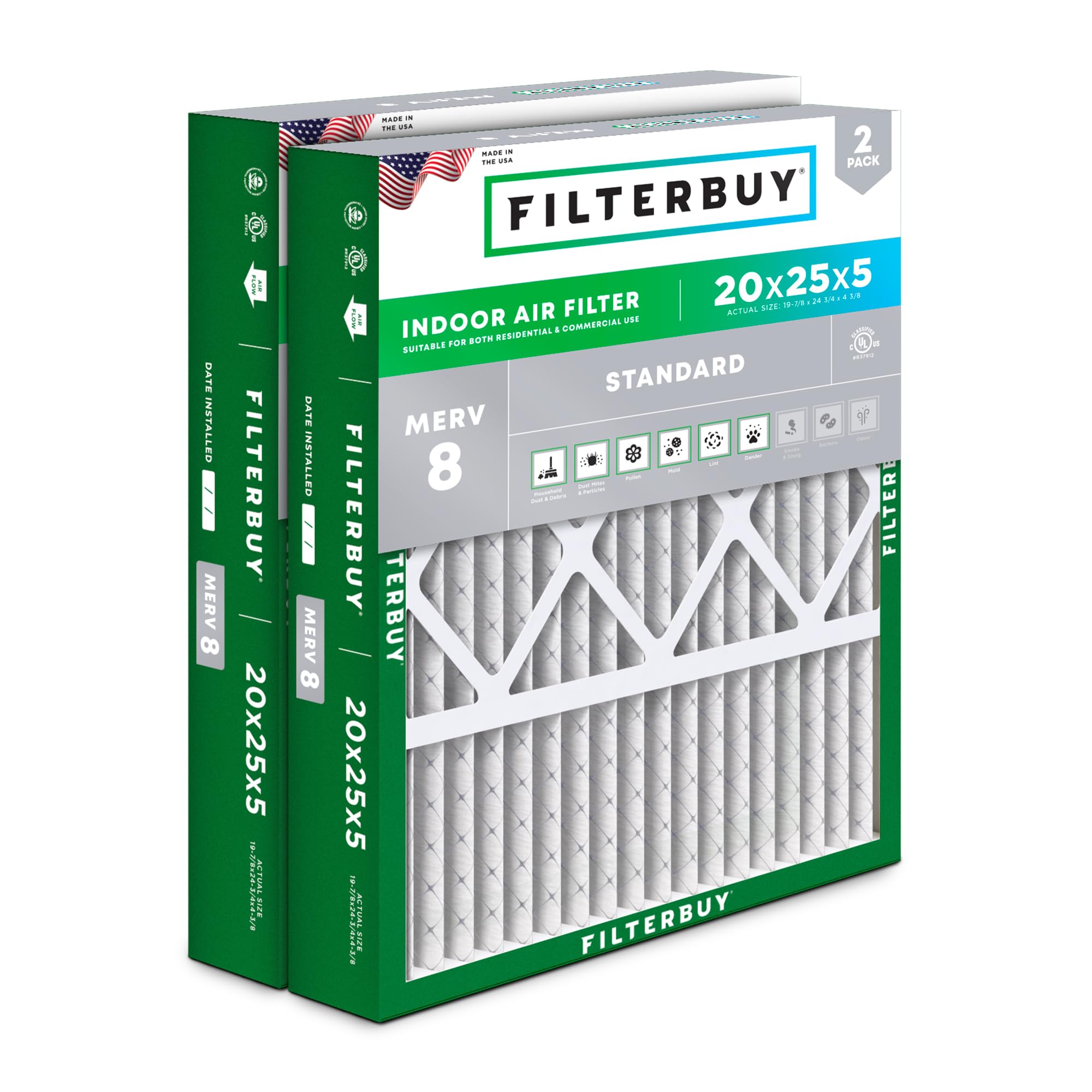 Filterbuy 20x25x5 Air Filter MERV 8 Dust & Allergy Defense (2-Pack)