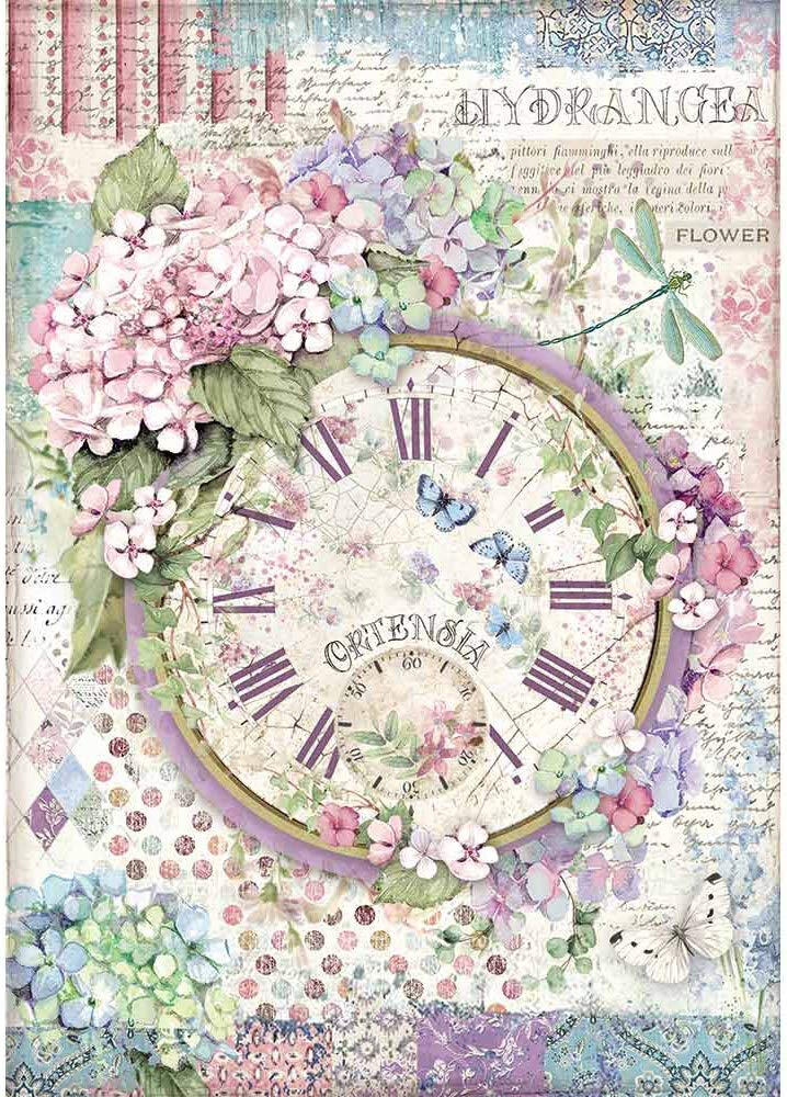 STAMPERIA INTL Stamperia-Rice Paper, Clock, Hortensia, A4