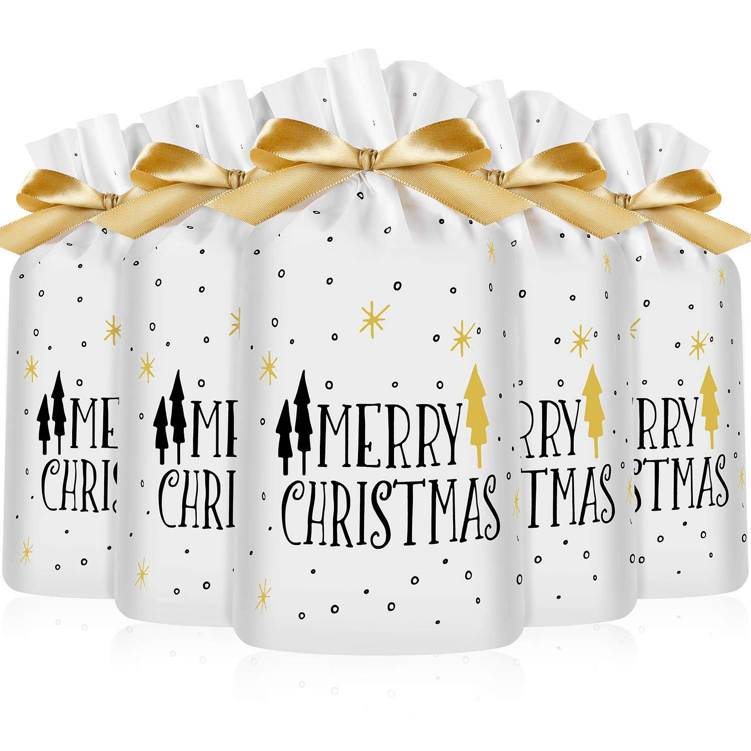 Qchomee 50 Packs Christmas Treat Bags Candy Cookie Gift Bags with Drawstring Plastic Party Favor Bags Gift Present Wrapping Bag Goody Bags for Xmas Party Supplies