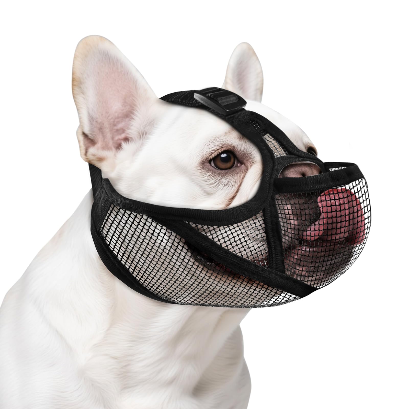 Photo 1 of French Bulldog Muzzle with Breathable Open Eye Hole Design, Allows Tongue Extension - Soft Short Snout Dog Muzzle for French Bulldog, Pug, Shih Tzu to Prevent Biting Allow Drink & Feed(S,Black)