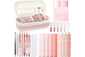 Aiallyo 40Pcs Aesthetic Book Annotation Kit with Pen Case，Including Gel Pen set Highlighters Correction Tape Sticky Notes Set and Tabs for Bible Study Student Stationary(Pink Color,Classic)