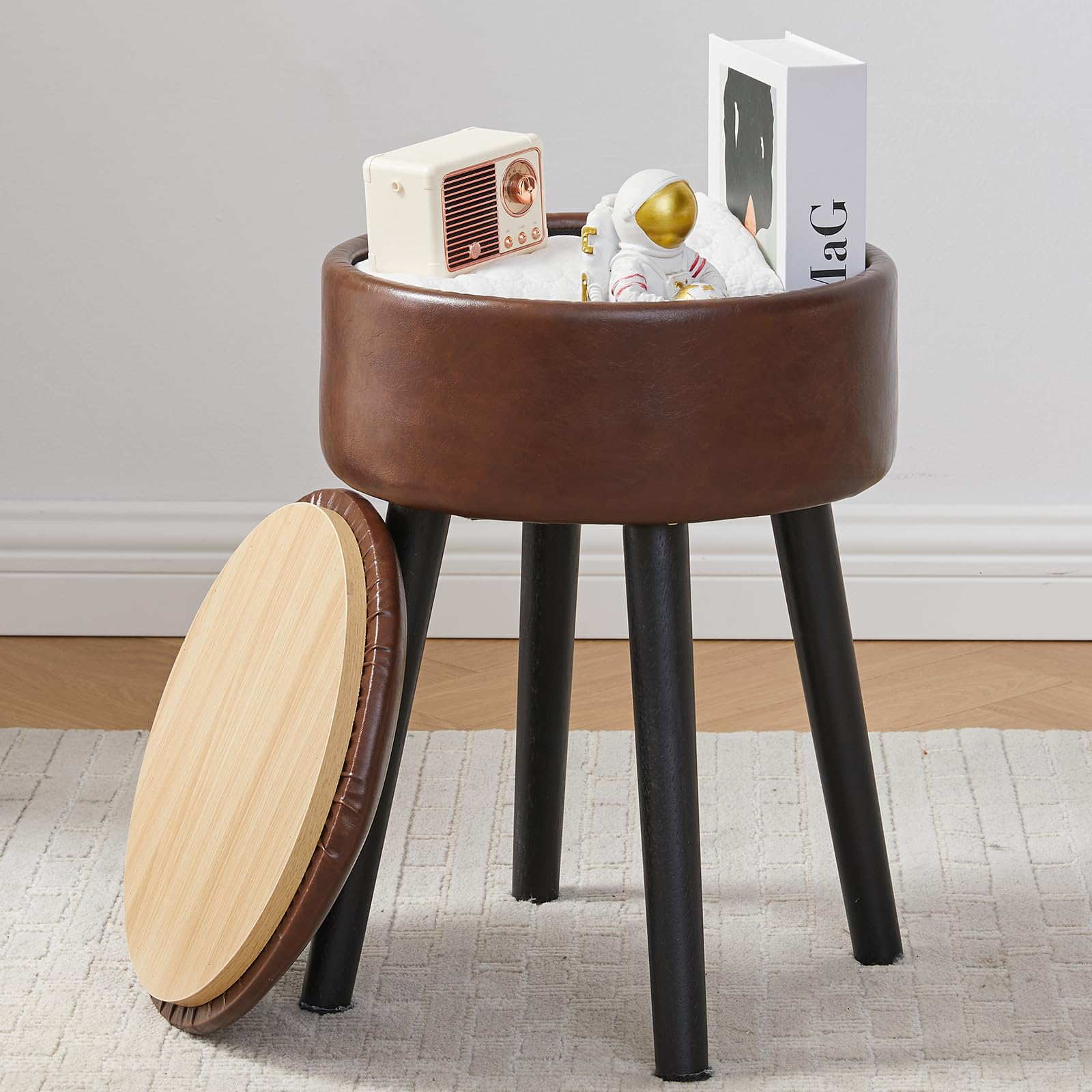 Photo 1 of BRIAN & DANY Vanity Stool, Leather Vanity Stool Chair with Storage, Round Makeup Chair Soft Padded Seat with Legs for Bedroom (Brown)