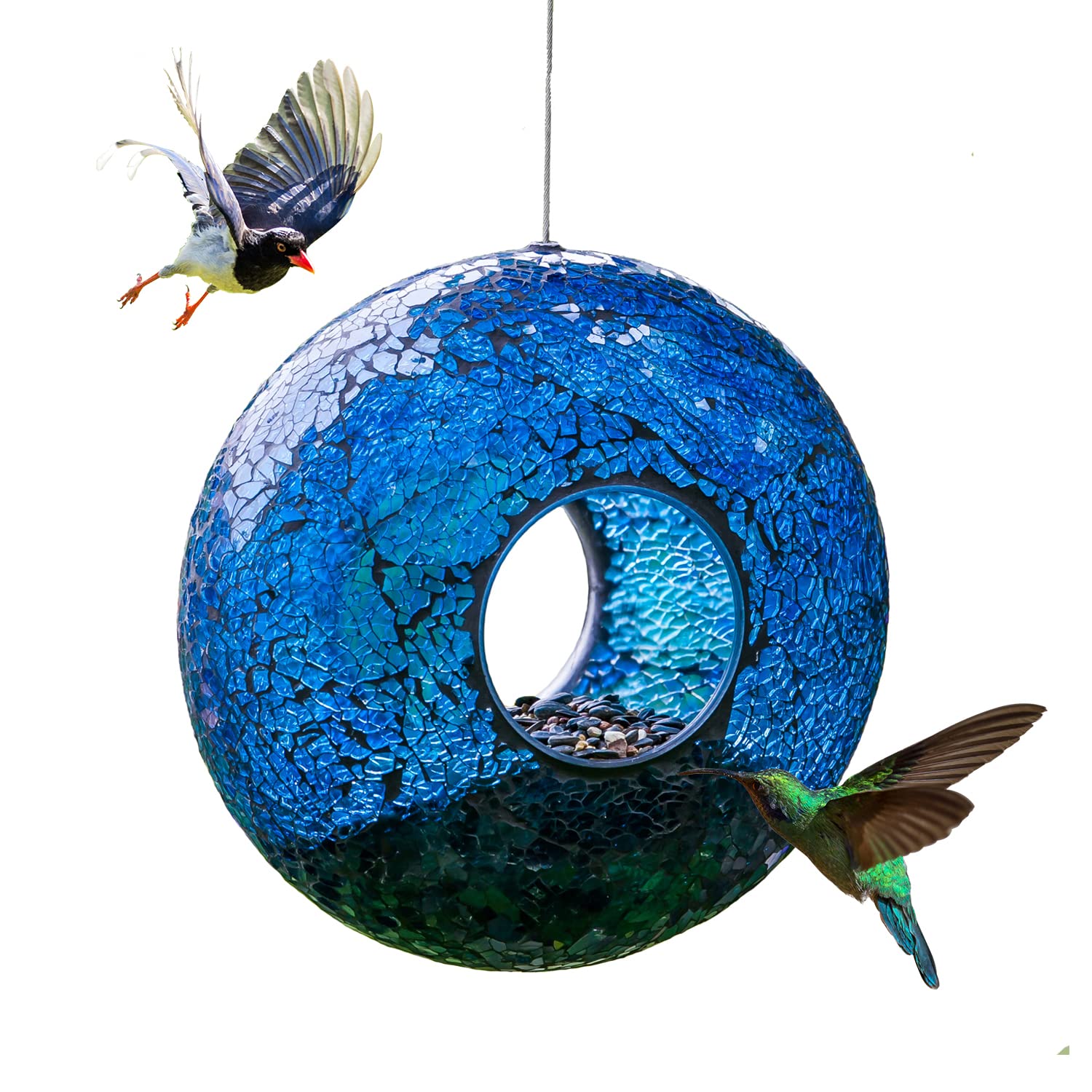 Topadorn Hanging Mosaic Bird Feeder Outdoor Garden Decoration Birdfeeder,Blue