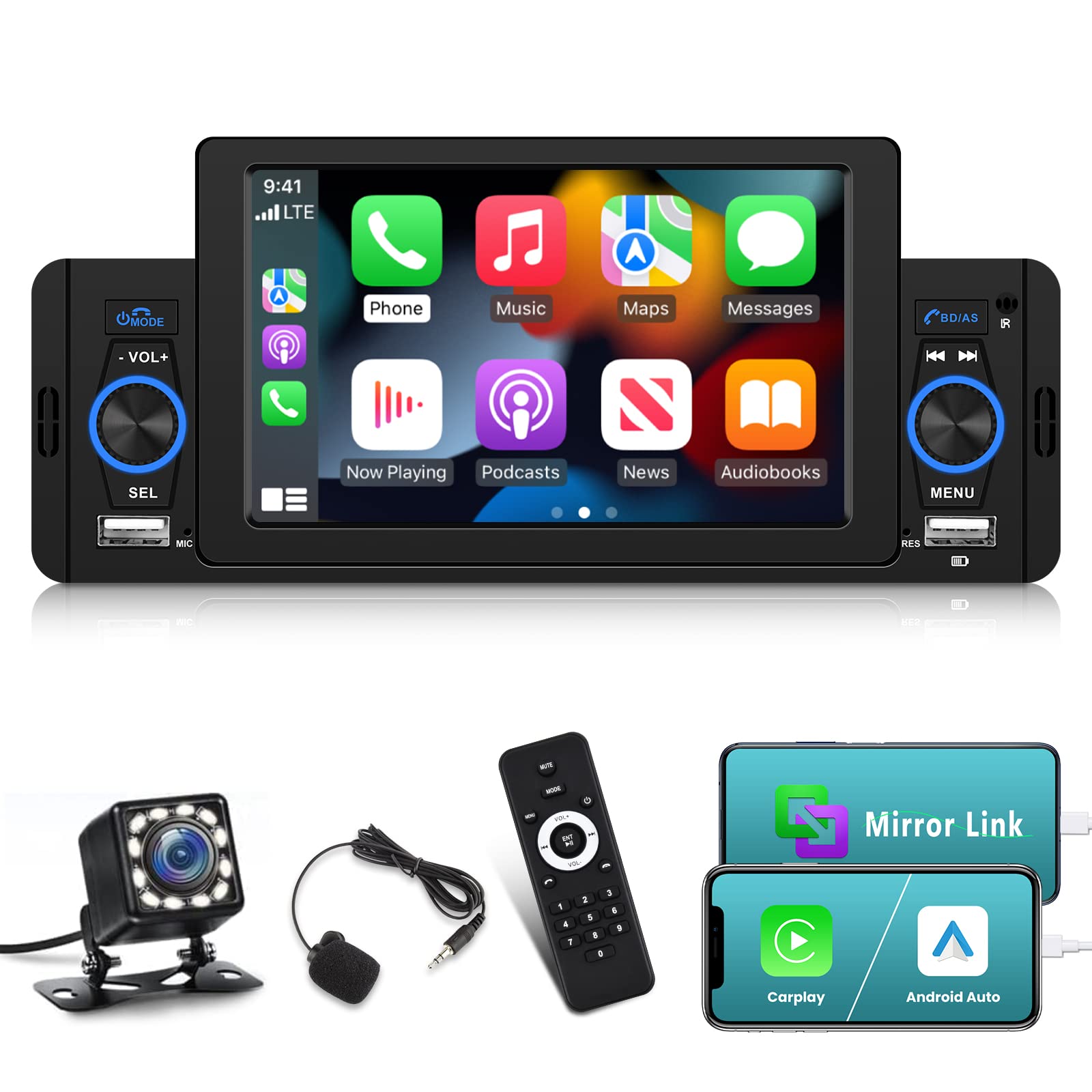 Single Din Car Stereo with Apple Carplay Android Auto 5 inch Touch Screen Bluetooth Radio, Mirror Link/SWC/FM/7 Color Buttons/USB Fast Charging + Reversing Camera + Remote Control + MIC