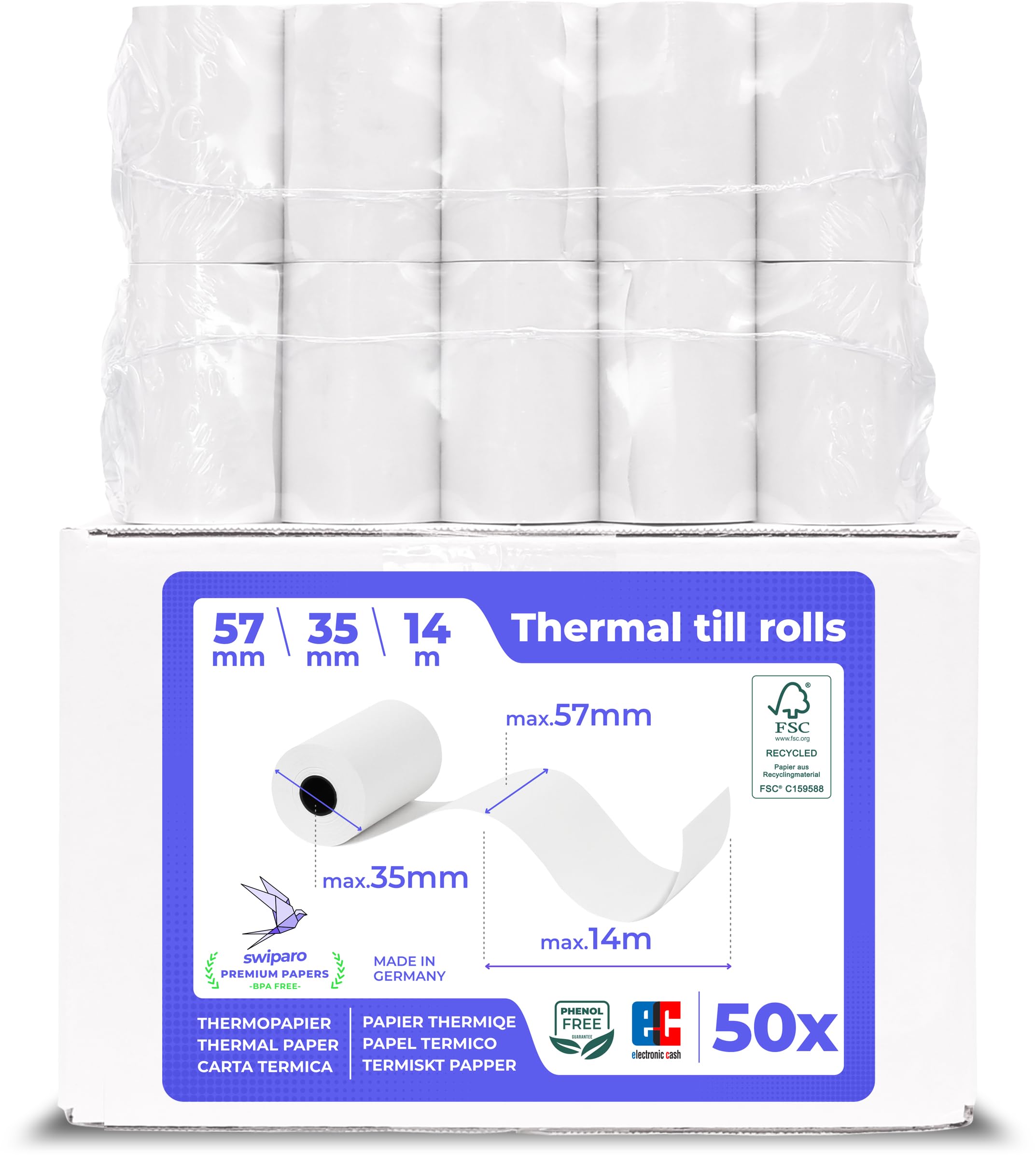 SWIPARO - Ec-Cash Thermal Rolls 57 mm x 14 m x 12 mm - Till Rolls - Thermal Paper - Receipt Rolls for Bank Mat - Credit Card Readers with SEPA Debit Text (Pack of 50)