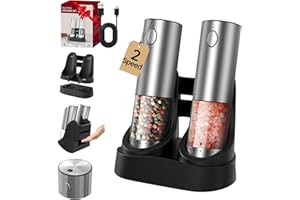 CIRCLE JOY Electric Salt and Pepper Grinder Set with 2-1 Rechargeable Base, Speed Control Stainless Steel Pepper Mill and Ext