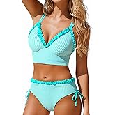 ROSEWE Womens Push Up Bikini Sets, V-Neck Top with Mid-Waisted Briefs, Two Piece Frill Swimsuits