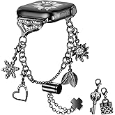 YouthRun Bling Band Compatible with Apple Watch 49mm 45mm 44mm 42mm, Metal Jewelry Watch Strap for Ultra/Series SE 9 8 7 6 5 4 3 2 1 Interchangeable Charms Dressy Bracelet for Women (Black)