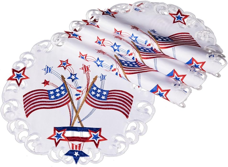 Xia Home Fashions Star Spangled Embroidered Cutwork Round Placemats, White, 15-Inch