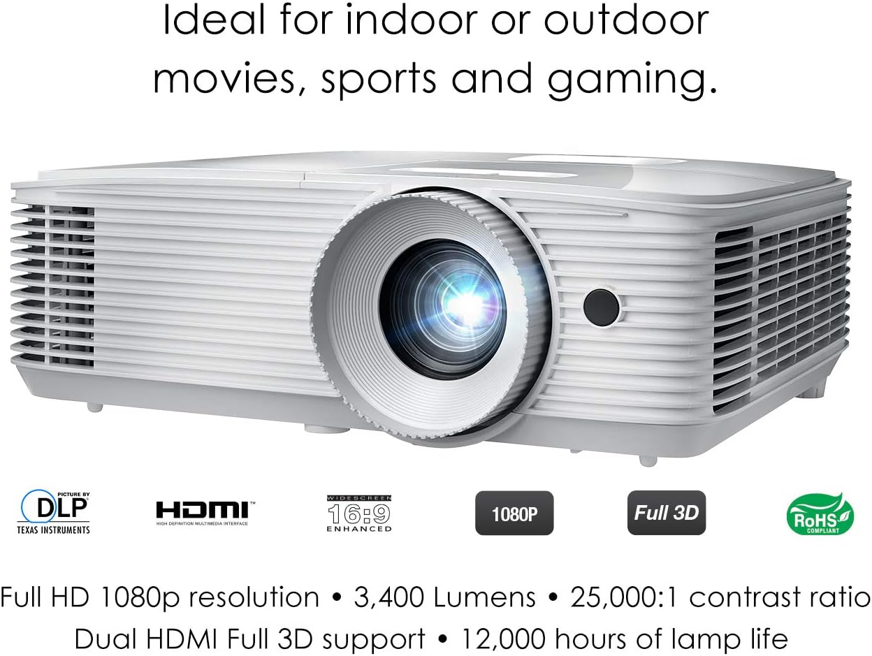 Optoma HD27E 1080p Home Cinema Projector with 3400 Lumens, Ideal for Indoor Or Outdoor Movies, Sports and Gaming