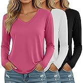 Ficerd 3 Pack Women's Long Sleeve Shirts, V Neck Cotton Blend Tops Loose Fit Casual T-Shirts Curved Hem Basic Layering Tees