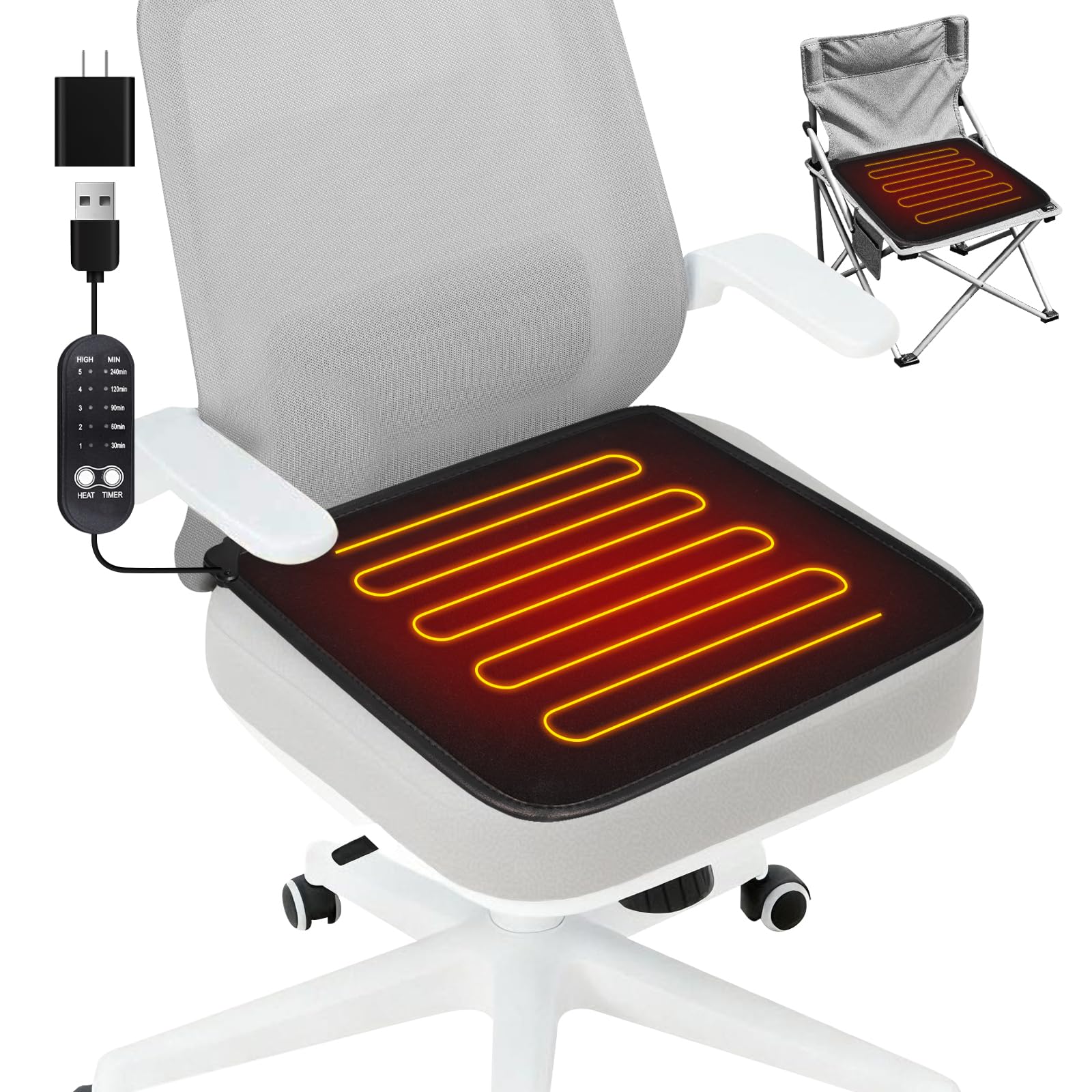 Photo 1 of USB Heated Seat Cushion - 5V Portable Stadium Chair Heating Pad with 5 Heat Setting & 4H Timer - Light&Foldable for Travel Warmth-Universal Outdoors Seat Warmer for Office,Home,Bleachers