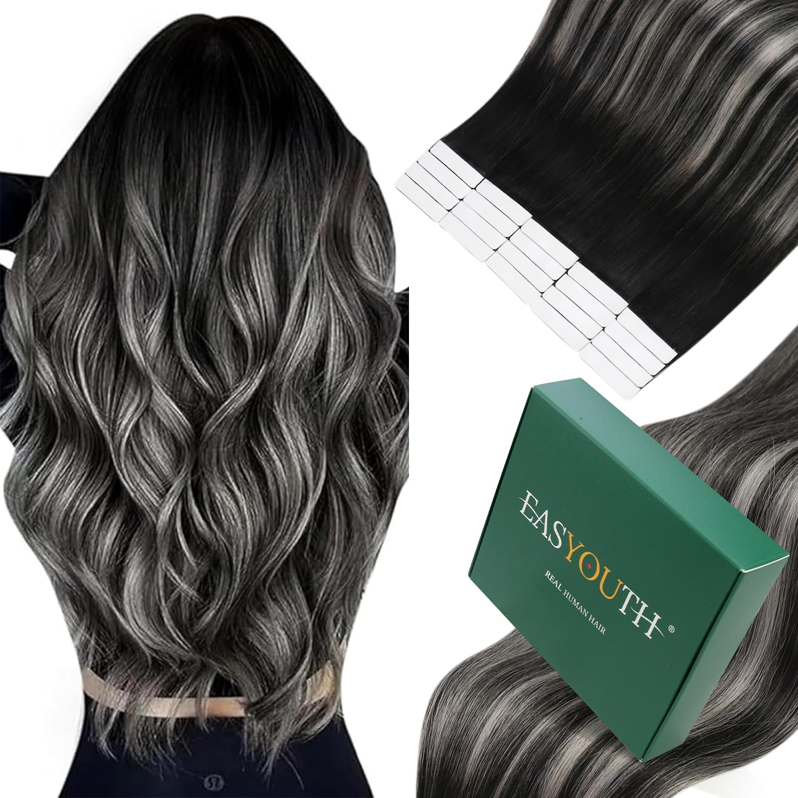 Easyouth Human Hair Tape in Extensions Silver Balayage Tape in Hair Extensions Human Hair Black to Silver Mixed Natural Black Tape in Human Hair Extensions Silky Straiht 12 Inch 20Pcs 30g #1B/S/1B — image 1
