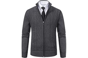 Mens Cable Knit Zip Up Cardigan Sweater Long Sleeve Stand Collar Slim Fit Warm Outerwear Business Casual Jacket