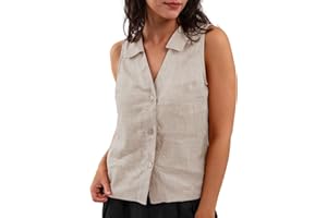 Amazhiyu Women's 100% Linen Summer Sleeveless Button-Down Tops Slight Crop Vest