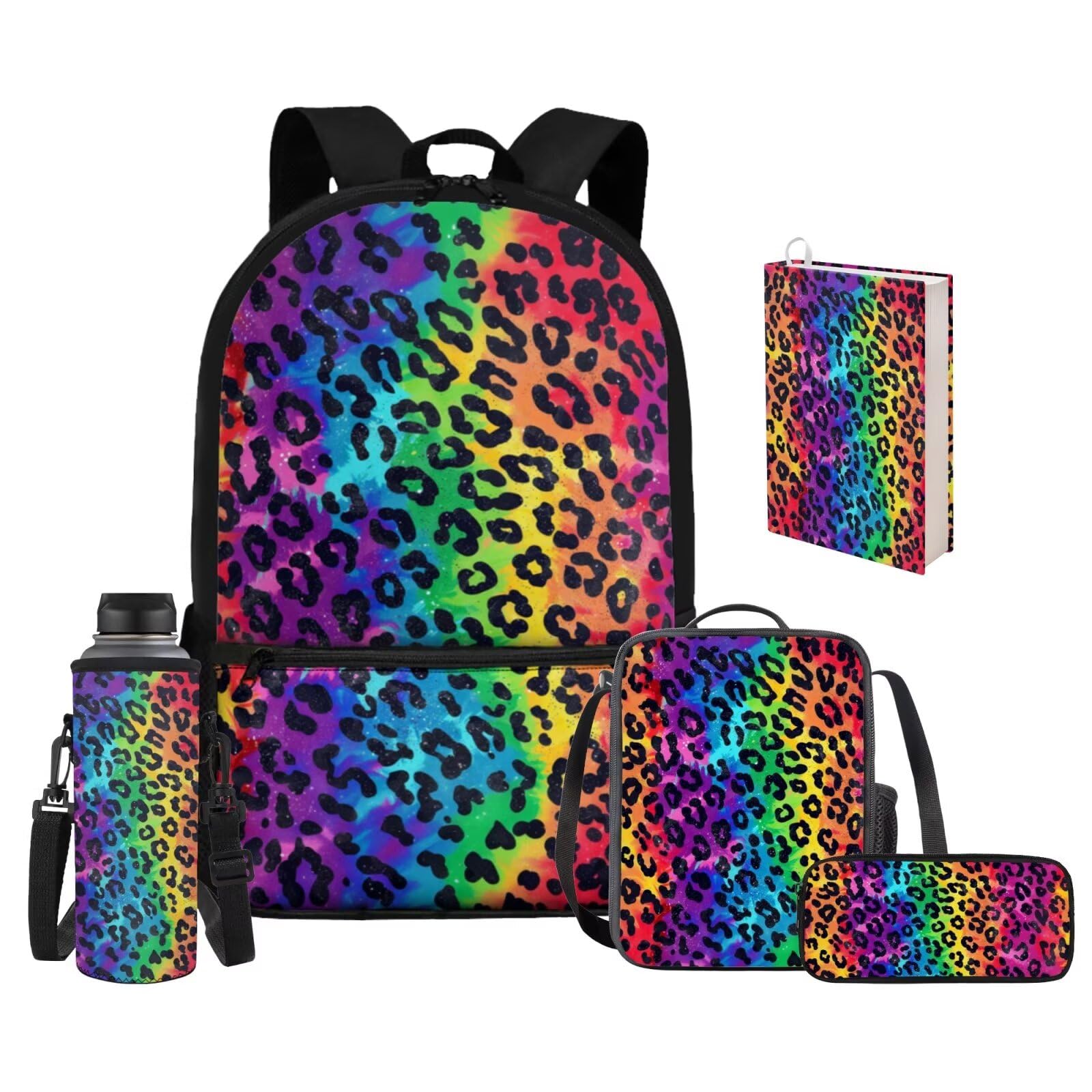 Photo 1 of Upetstory Rainbow Leopard Print Backpack for Girls 4-6 6-8 10-12 Boys School Bag Set Kids Lunch Box Pencil Case Elementary Kindergarten Preschool School Bookbag Water Bottle Sleeve Book Cover