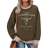 ASTANFY Cow Skull Western Sweatshirts For Women Country Western Outfits Cowgirl Pullover Sweatshirts